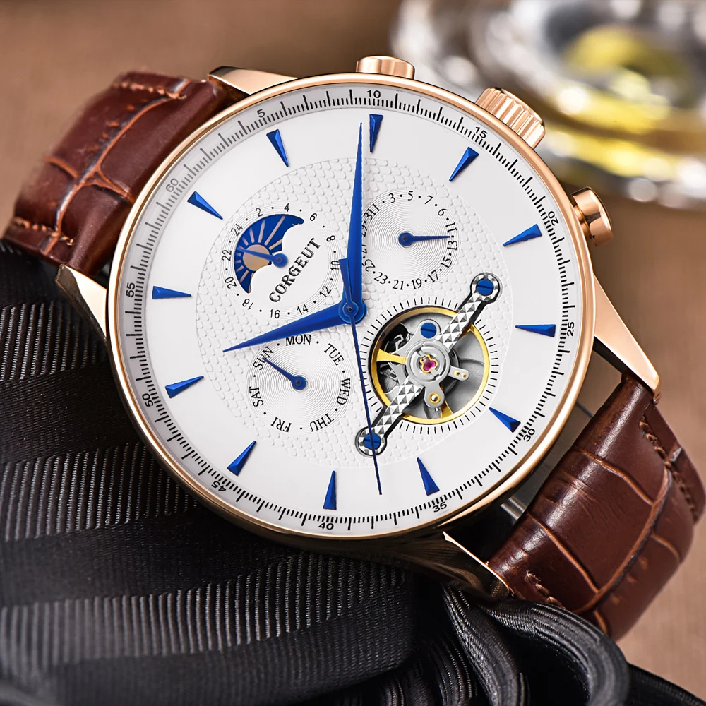 Corgeut Skeleton Mechanical Automatic Watch Men Sport Top Luxury Brand Moon Phase Watches Rose Gold Leather Hombre Wrist Watches