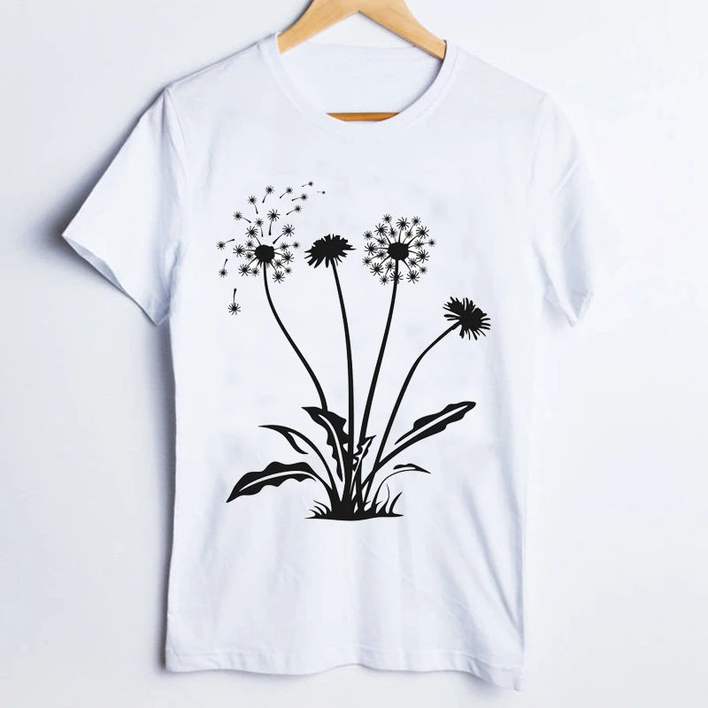 Женские футболки с принтом модные изображением одуванчика и растений Kawaii 90s