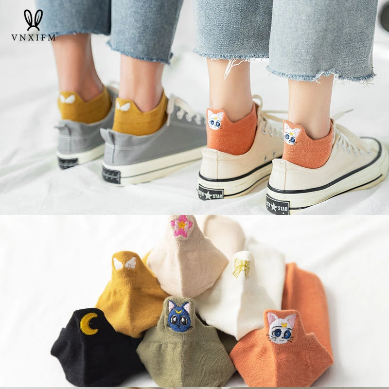 2022 Harajuku Unicorn Catwoman Cotton Socks Cartoon Embroidery Cute Invisible Socks Funny Casual Female Ankle Socks 2pcs/lot