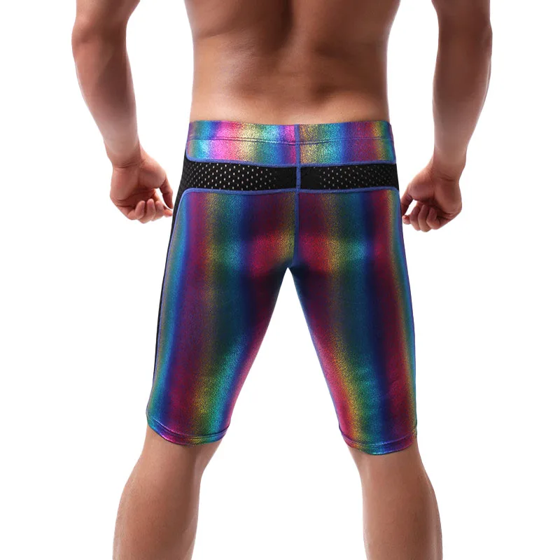 Men Long Johns Male Sexy Elastic Fitness Shorts Pants Men Underwear Striped Shinning Homme Male Gauze Nightclub Stage Costume