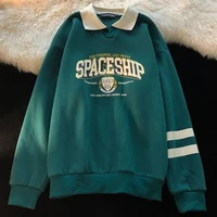 new autumn women streetwear tops polo shirt clothes for teens hip hop vintage green spaceship letter badge printed sweatshirt
