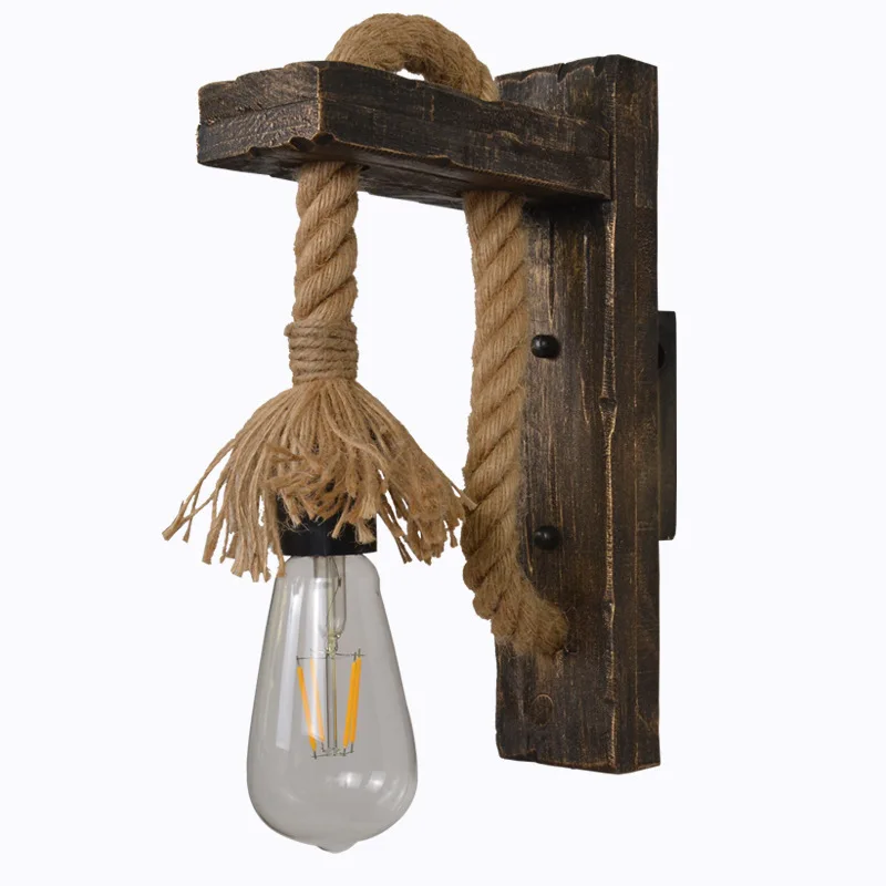 

Vintage Wood Hemp Rope Wall Lamps Fixture Retro Hallway Bedside Loft Light Luminaire Industrial American Decor Lighting Wooden