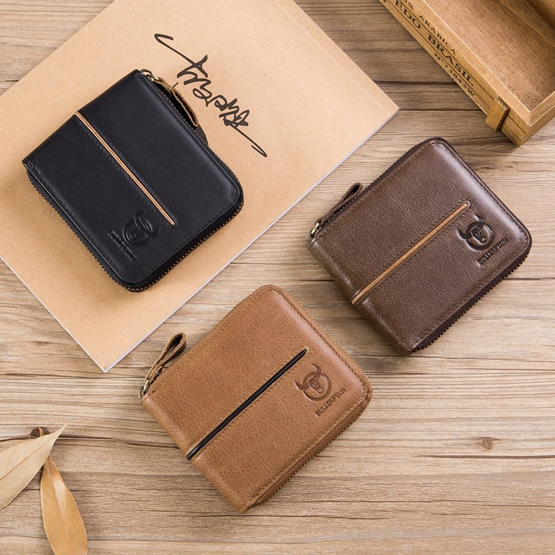 

BULLCAPTAIN Leisure Genuine Leather Men Wallets Credit Business Card Holders Zipper Cowhide Leather Wallet Purse