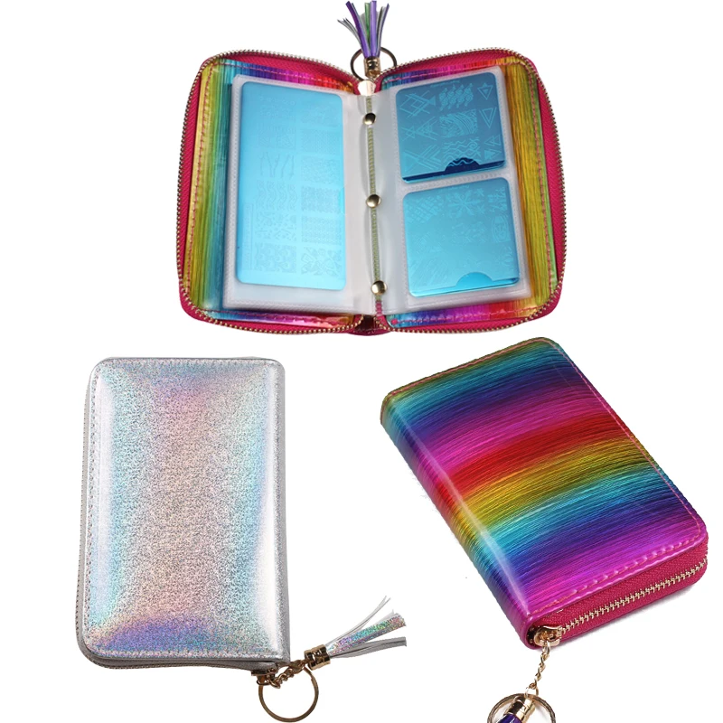 

24Slots Laser Style Silver Nail Art Stamp Plate Stamping Plates Holder Storage Bag PU Leather Cases Stamp Bag Organizer Rainbow