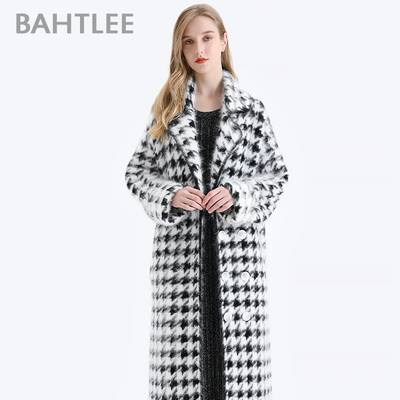BAHTLEE Women Angora Long Coat Houndstooth Pattern Sweater Winter Wool Knitted Cardigans Jumper Turn Down Collar Sleeves |