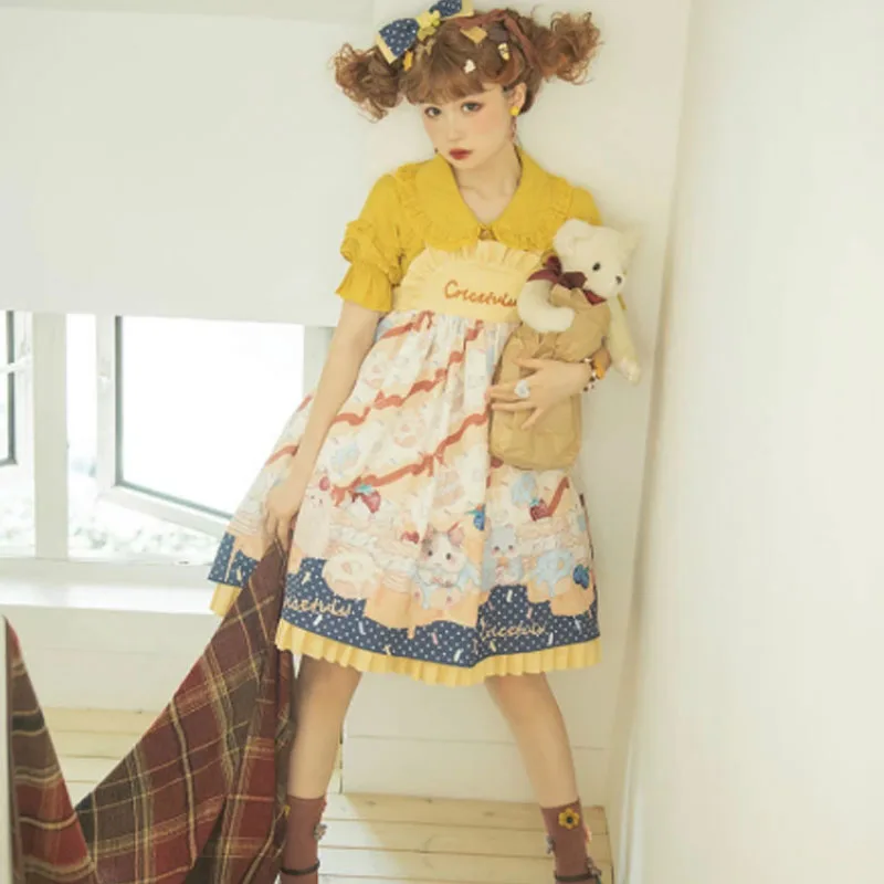 

Japanese style Sweet Jsk Lolita Dress Women Autumn Embroidery Cartoon Hamster Print Sleeveless Dress Soft girl Princess Dresses