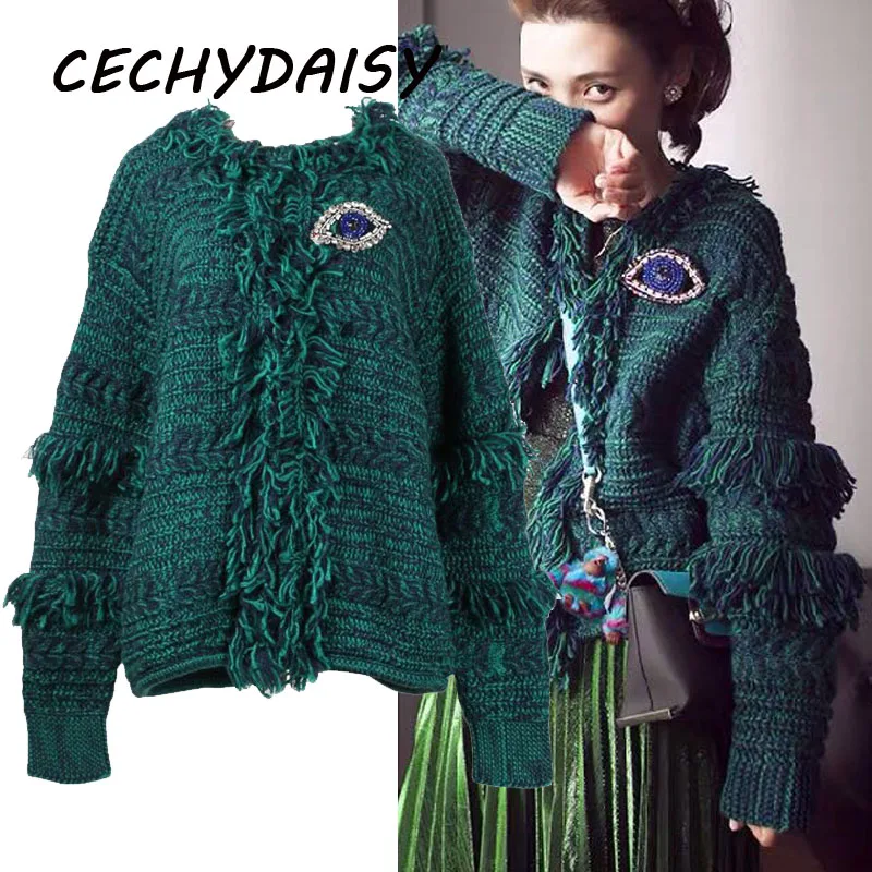 Зеленый свитер кардиган Женская осенне-зимняя вязаная верхняя одежда свободного
