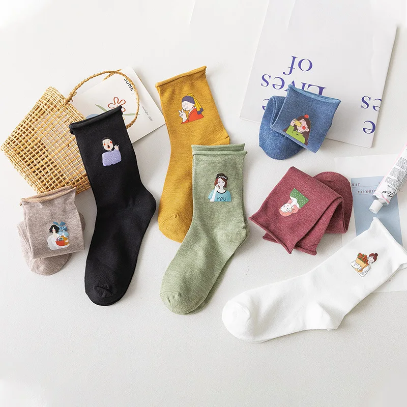

Socks Female Middle Tube Super Cute Japanese College Style Girl Printing Cartoon Cotton Long Tube 7 Colors Curling Candy Color
