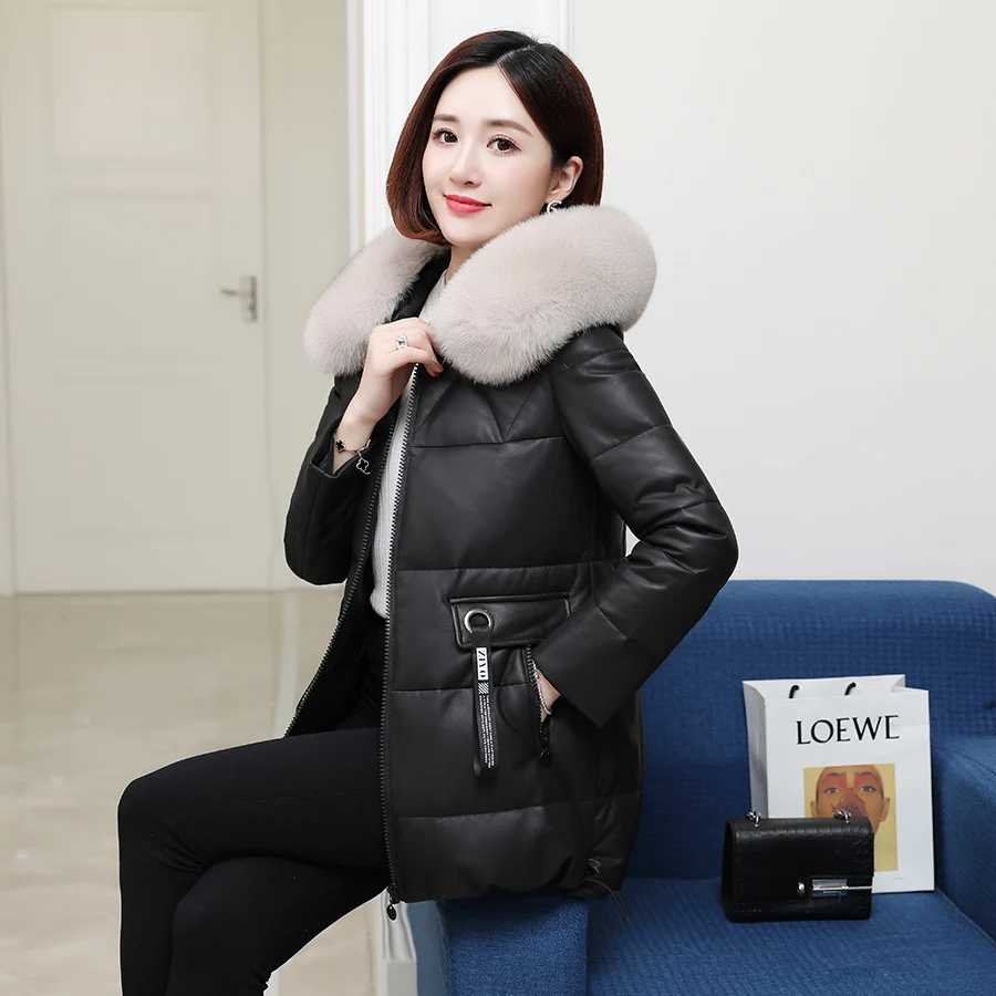 

Leather down jacket women's hooded Haining fur coat mid long new sheep skin fox fur collar fur coat