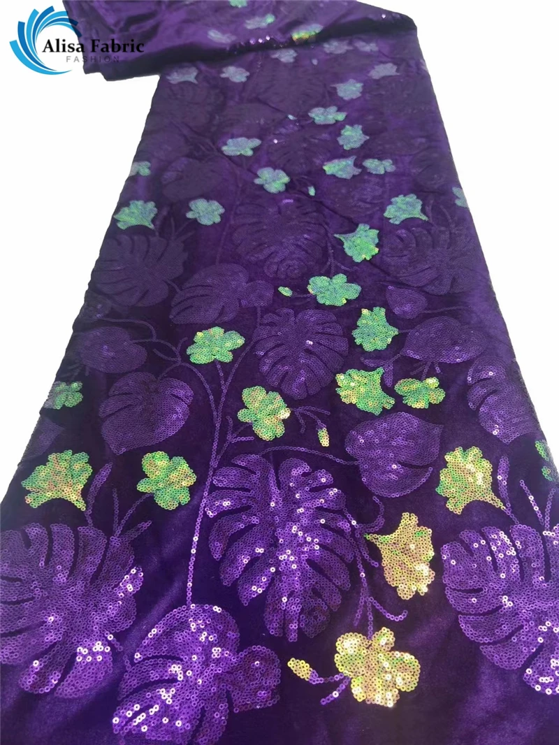 

African Velvet Lace Fabric With Sequins Embroidered French Lace Fabric 5 Yards/piece Nigerian Lace Fabrics For Party Wedding