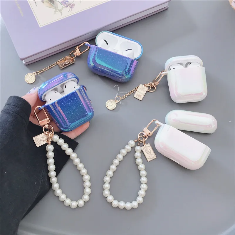 

3D Glitter pearl bracelet Shell coin Keychain Rainbow Hard Headphone Earphone case for apple airpods 1 2 pro Wireless Headset
