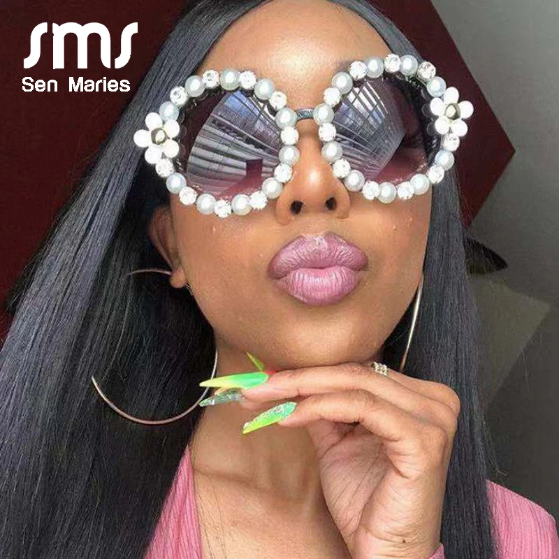 

Женские винтажные солнцезащитные очки, роскошные круглые очки в стиле ретро с цветком и жемчужными стразами, для пляжа, UV400