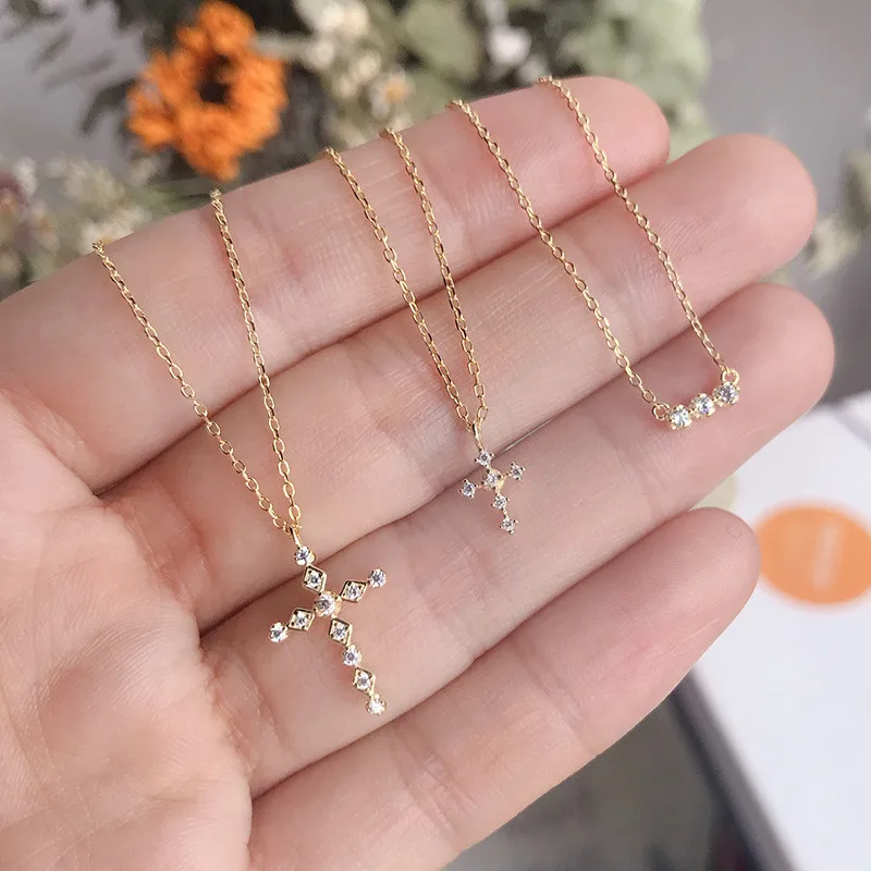 

925 sterling silver Classic Christian Religious Cross Pendant neckalce for woman mini Zircon 14k gold plated choker girls gifts