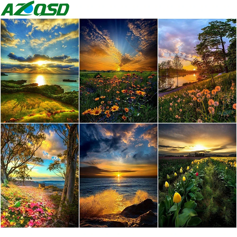 

AZQSD Oil Painting By Numbers Sunset Drawing On Canvas Decor For Home Unframe Coloring By Numbers Landscape Handmade Gift