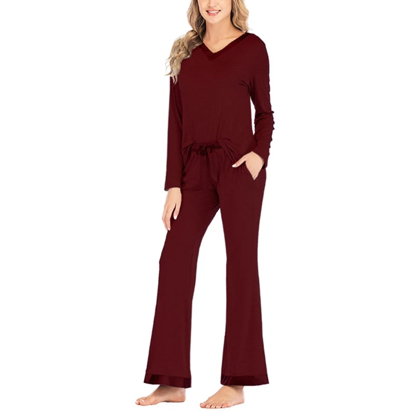 

Women Loose Pajamas Long Sleeve V-Neck Tops Drawstring Flared Pants Loungewear