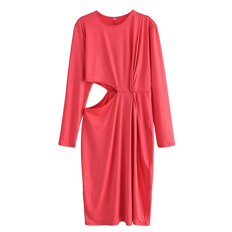 

YENKYE Women Vintage Red Sexy Hollow Out Knotted Dress Long Sleeve O Neck Casual Ladies Dress Midi Vestido