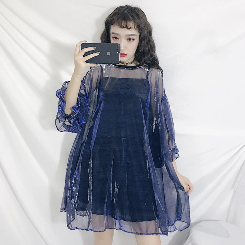 Японское платье в стиле Харадзюку женское осеннее мини с длинным рукавом синее