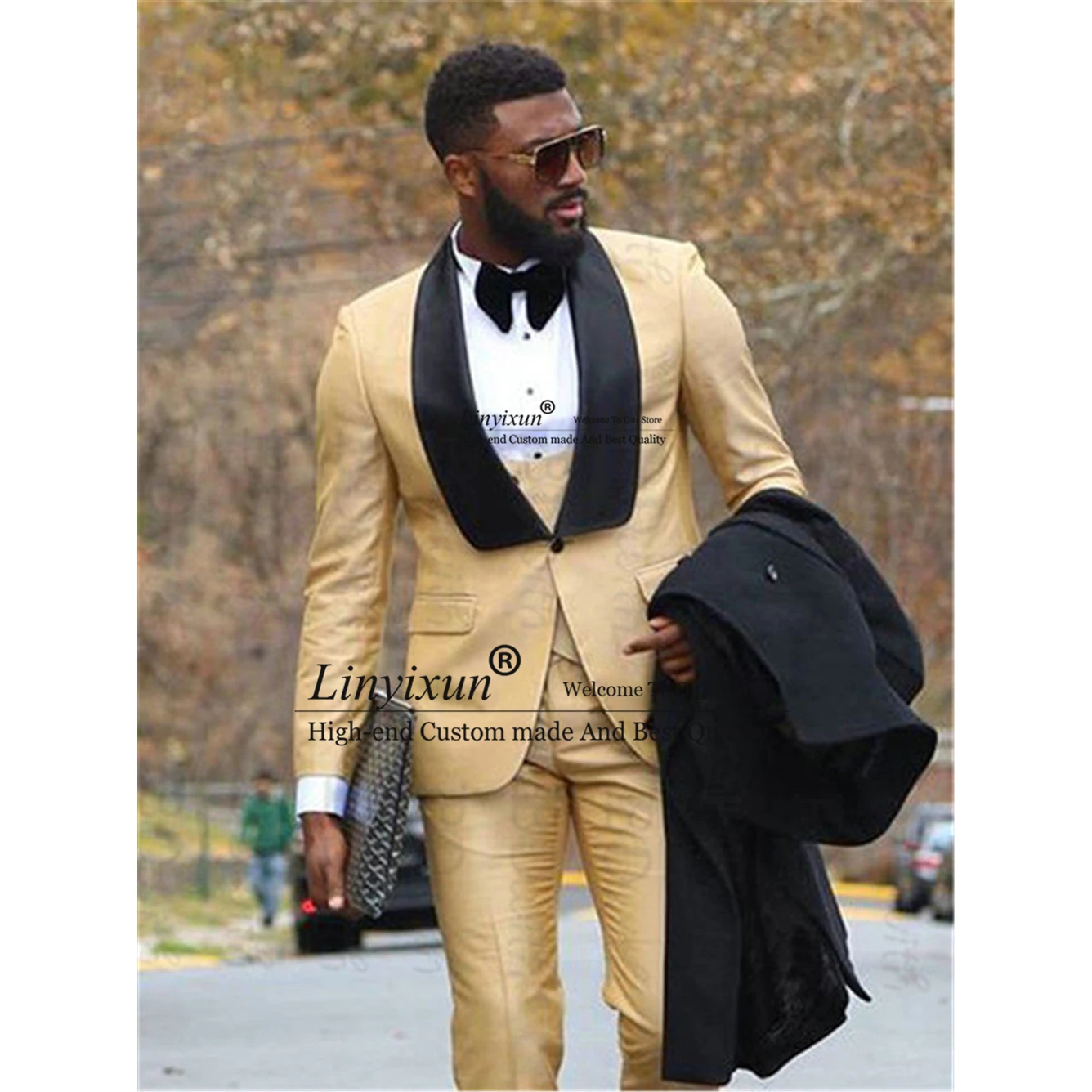

Fashion Mens Suits Slim Fit Groom Tuxedo For Wedding Groomsmen with Black Shawl Lapel 3 Pieces Jacket Vest Pants Costume Homme