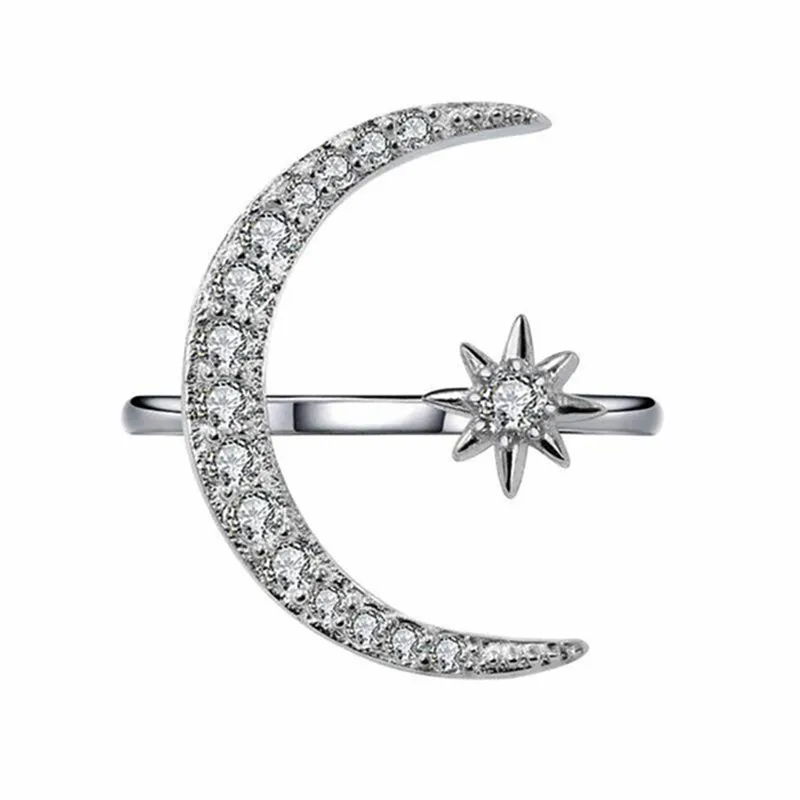 silver Сияющий Модный полумесяц и крошечная звезда Ослепительная Регулируемая открытая простое кольцо на палец Стильные Кольца для женщин - Цвет основного камня: silver