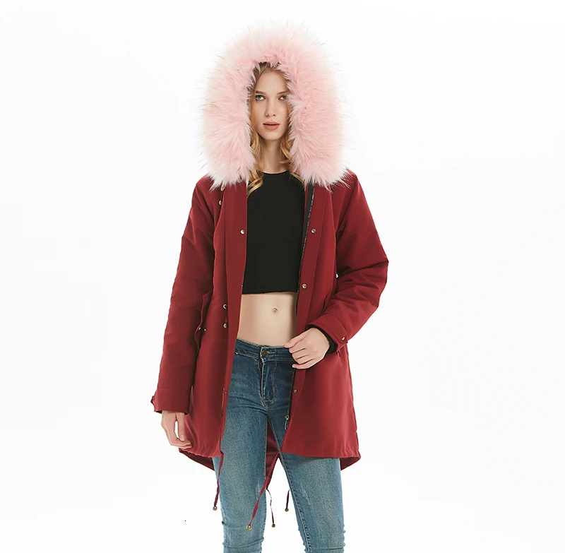 

201909 Women's Long Jacket Hooded Big Fur Collar Tight Waist Slim Thick Plus Velvet Solid Color Feminine Coat Winter Jacket