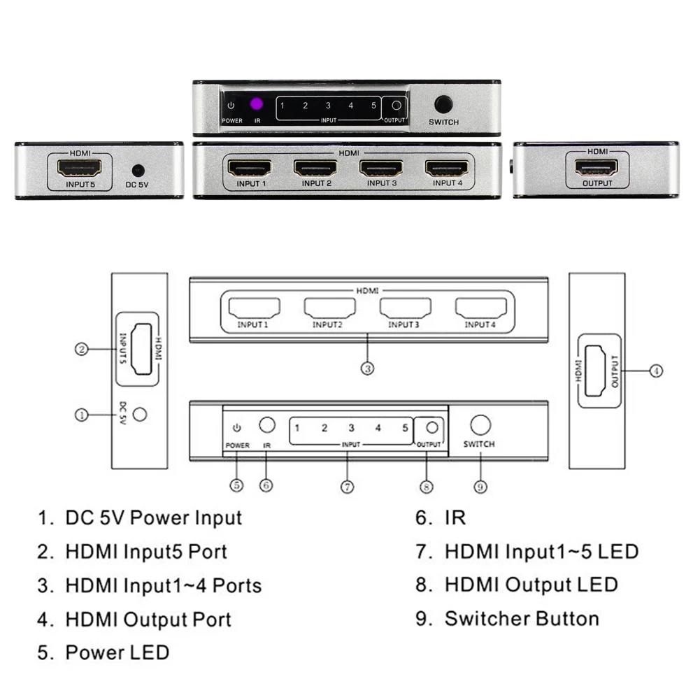 5 входов 1 выход 4K HDMI с дистанционным управлением адаптер питания переключатель 5x1