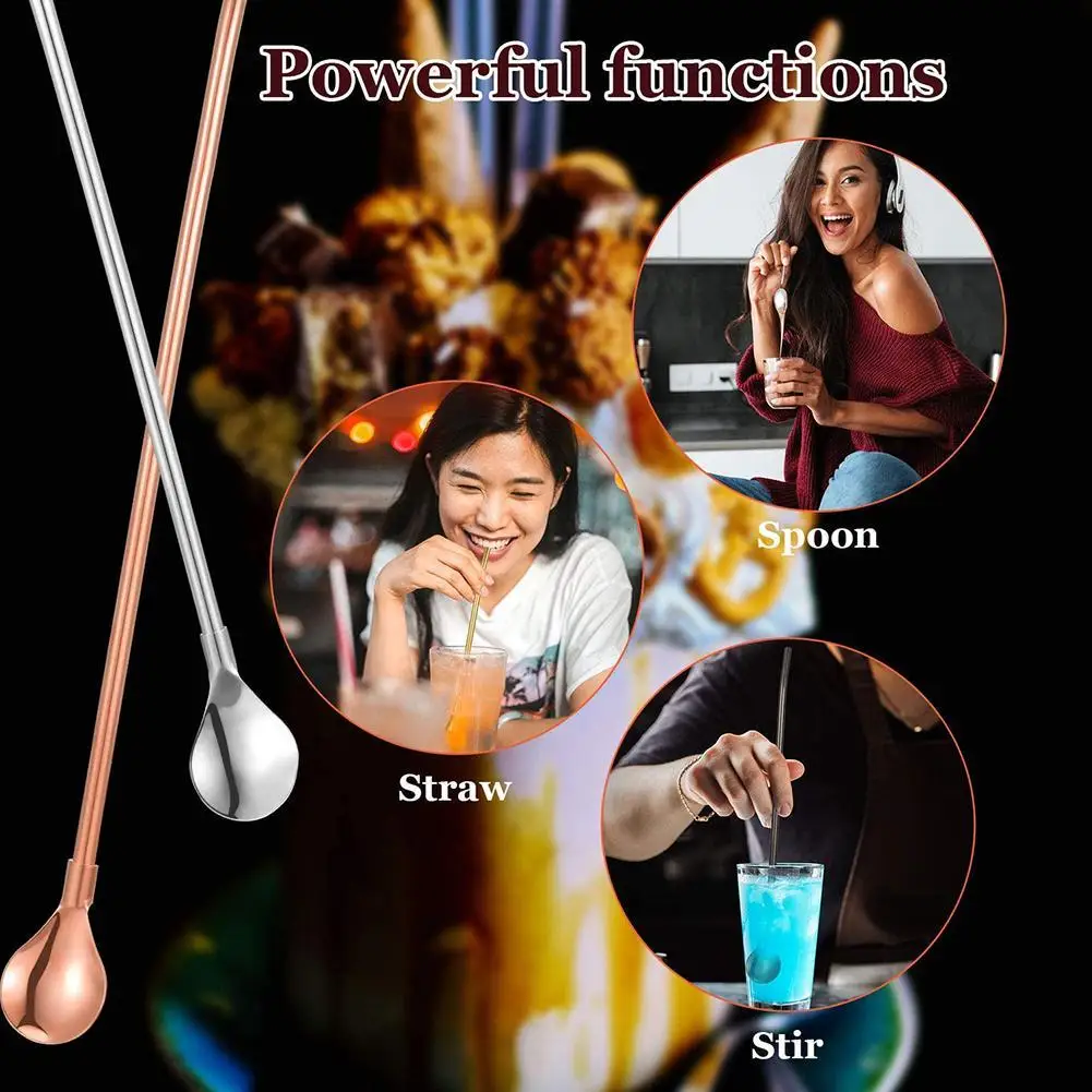 

Long Metal Drinking Straw Spoon Multicolor Straws Reusable Tea Party Steel Accessories Drink Coffee Bar Kitchen D0J7