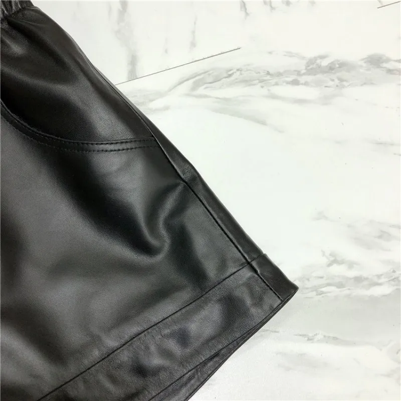 

Genuine Leather 100% Wide Leg Shorts Women Streetwear Elastic High Waist Shorts Fashion Office Party Lady Black Boots Shorts