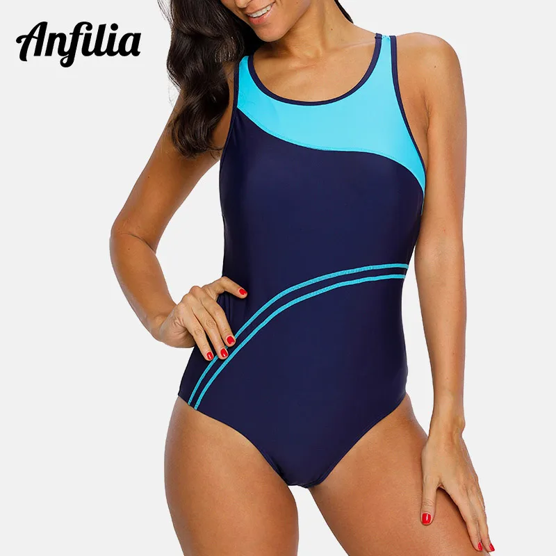 Anfilia One Piece Women Sports Swimwear sport swimsuit patchwork swimsuit Striped Swimsuit Women Bikini Beach Wear Bathing Suit