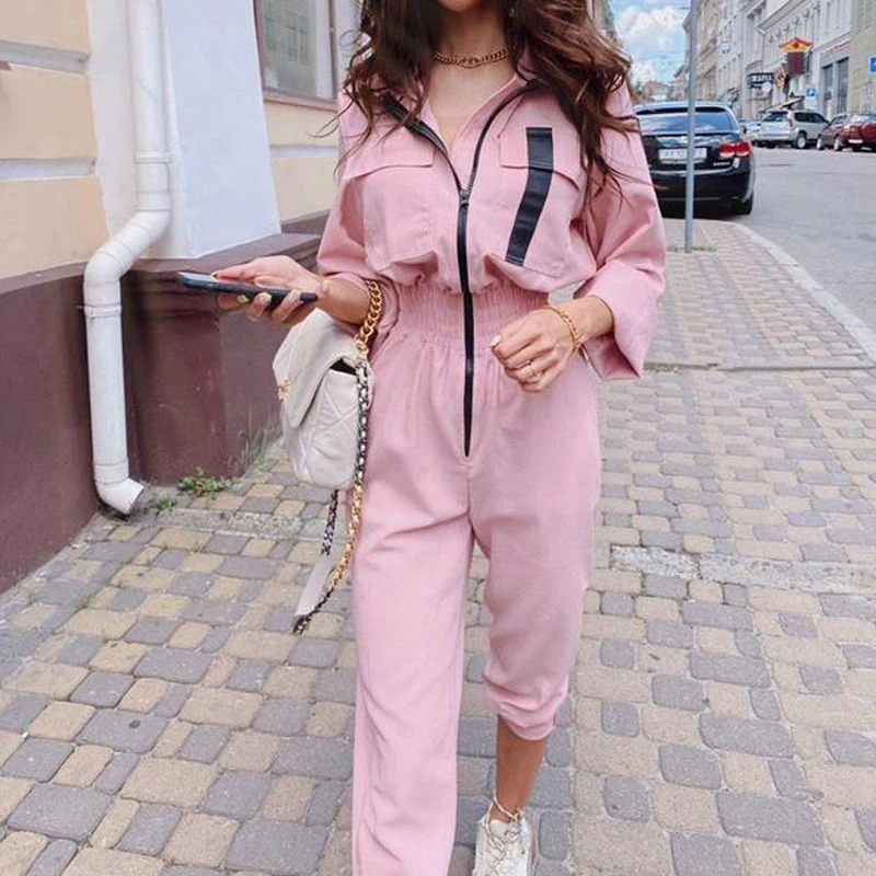 

Fashion Casual jumpsuits Pockets womens 2020 Autumn Winter Waist Lapel Overall Casual long Jumpsuit women bodysuit rompers