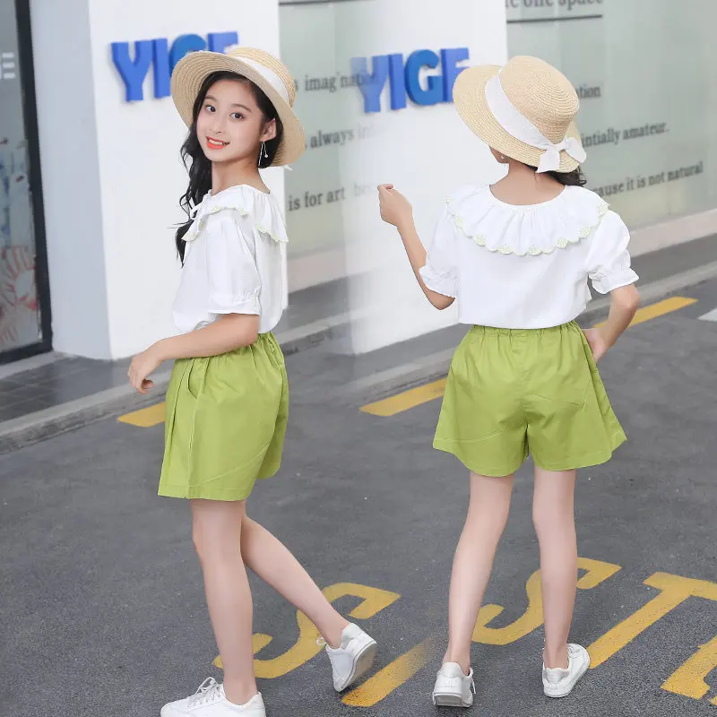 Summer Toddler Kids Baby Girls Short Sleeve Solid Color Bow Shirt Top+Purple Shorts Outfits Fashion Teens Clothes Tracksuit 2PCS | Детская