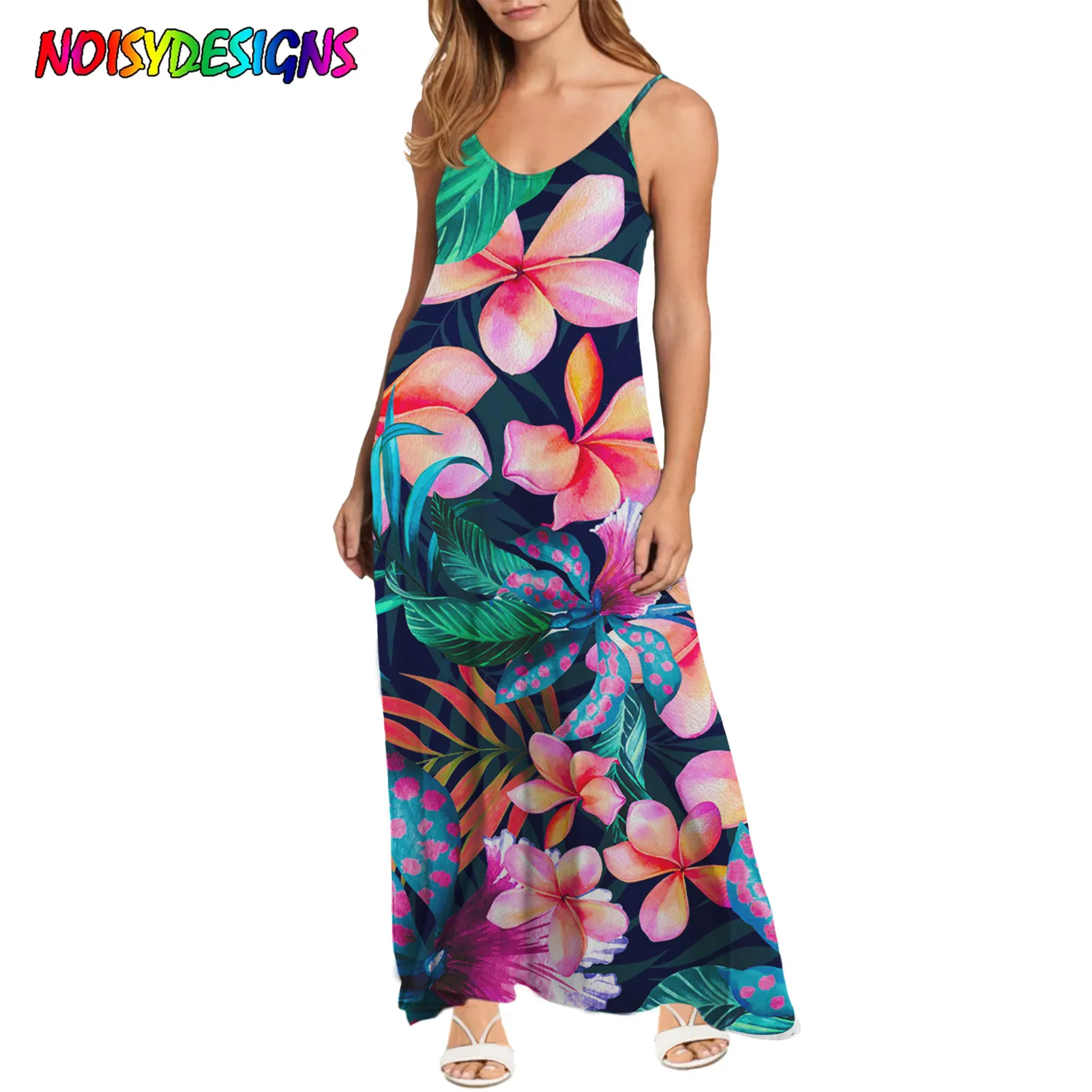 

NOISYDESIGNS Hawaiian Tropical Floral Printed Sundress Dress Loose Women V-Neck Long Sling Skirt Dresses Vestidos Mujer Verano