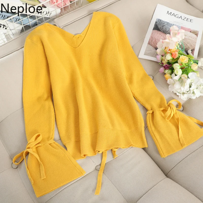 Женский трикотажный свитер Neploe однотонный пуловер с v-образным вырезом длинным