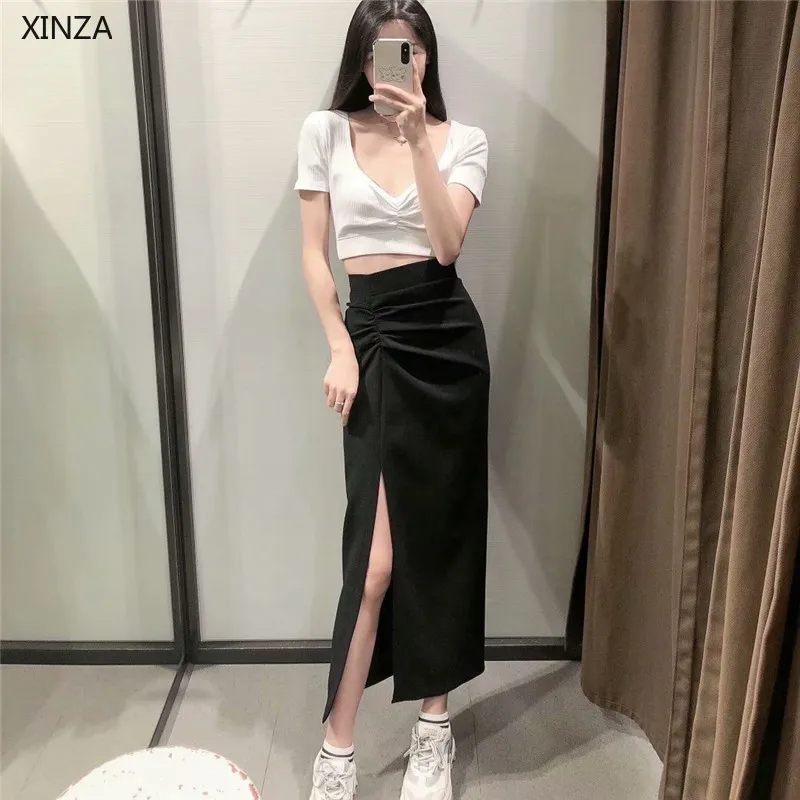 

2021 Za Women Summer Black High Waist Draped Skirt Vintage Slit Ruching Skirts Fashion Back Zip Feminine Elegant Pencil Skirt