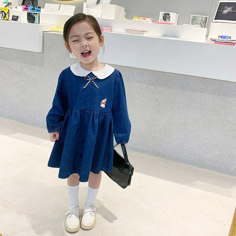 

Girls Dresses 2021 Spring New Kids Casual Cute Denim Dress Korean Cartoon Rabbit Doll Collar Baby Dress For Girl Toddler Clothes