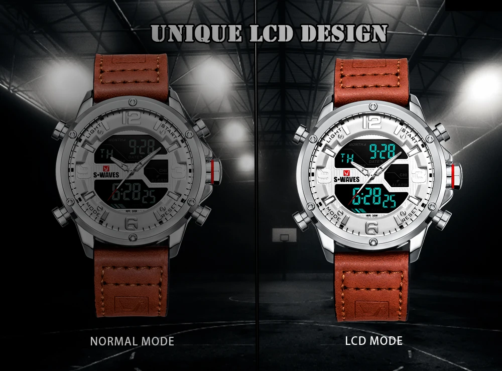 Кожаные мужские часы 2019 с двойным дисплеем повседневные кварцевые ЖК