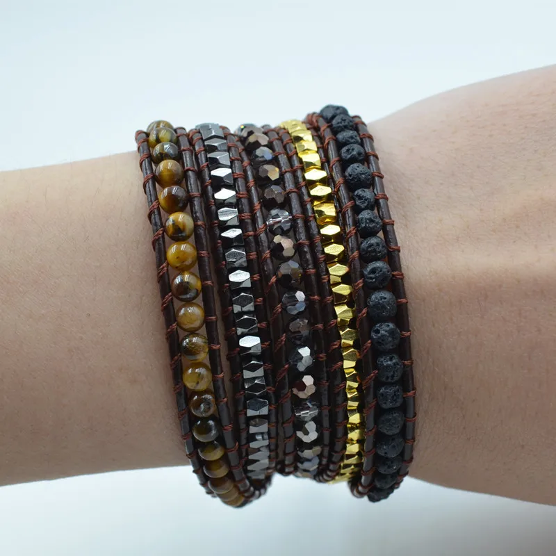 Asingeloo Boho Кожаный Браслет тигровый глаз камень гематит Шарм браслет для мужчин