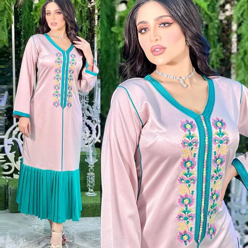 

Dubai Jalabiya Long Pleated Dress for Women Muslim Fashion Floral Embroidery Islamic Arabic Abaya Gown Evening Party Morocco