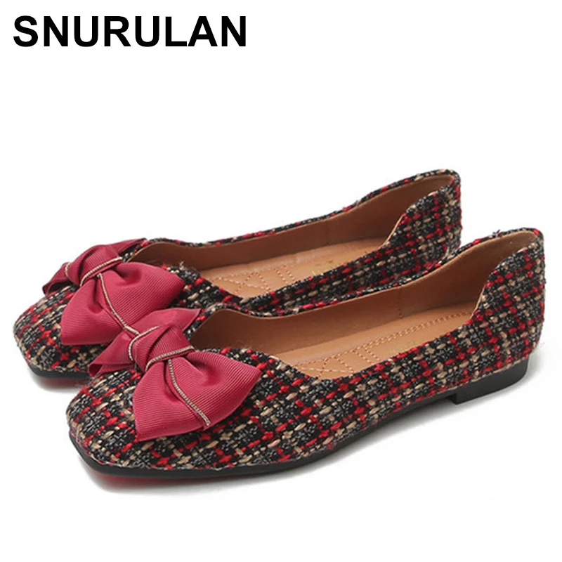 

SNURULAN Lattices mixed colors lace bow-knot flats ballet shoes women slip on square toe loafers comfy shallow mouth moccasins