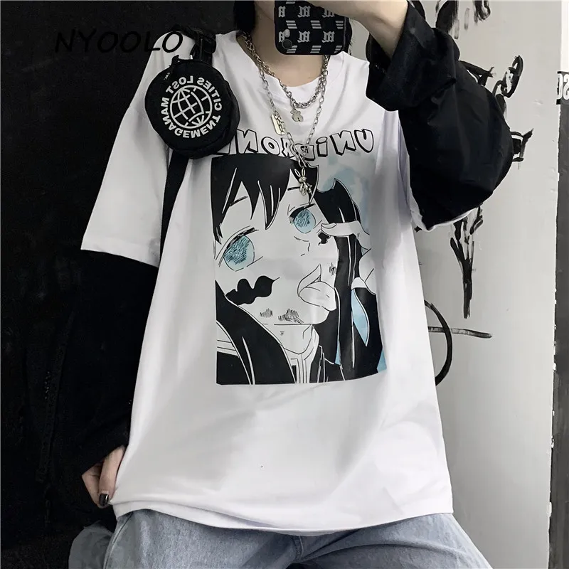 

NYOOLO Harajuku Anime sexy sweet Girl letters Print fake 2 pieces patchwork Long Sleeve T-Shirt Women Autumn pullovers tops tee