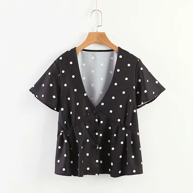 

SHZQ Women T-shirt Polka Dot Print Sexy Deep v Neck Button Short Sleeve Pleated Cute Women Casual T-shirts