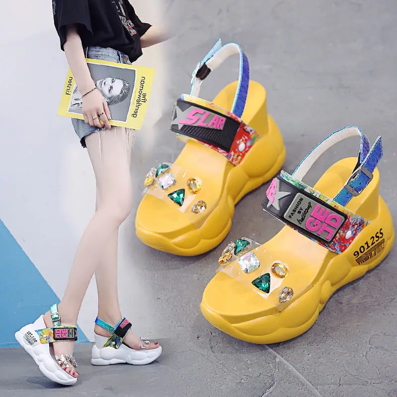 

2020 summer fairy style fashion rhinestone transparent thick bottom sandals female wedge heel cake Roman shoes tide Z519