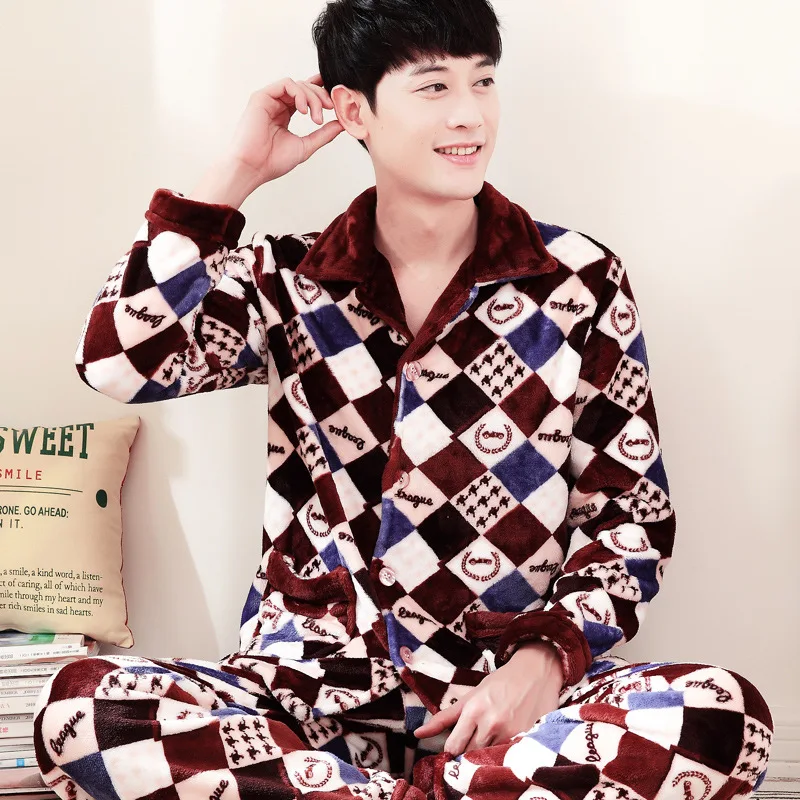 Осенне-зимняя мужская Толстая Фланелевая пижама костюм из двух предметов с