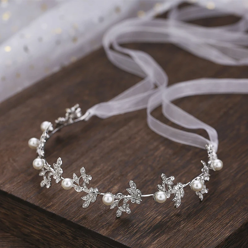 

Crystal Flower Prom Bridal Hair Band Wedding Tiara Headband Leaf Pearl Bride Headpiece For Women Hair Jewelry