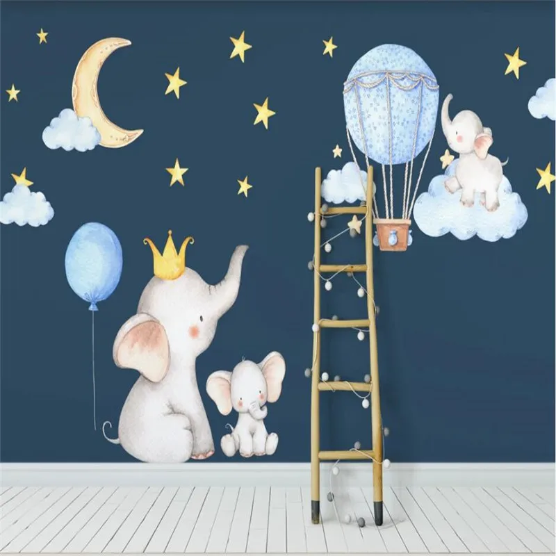 Custom wallpaper large wall mural Nordic cute cartoon elephant starry sky cloud children's room background wall