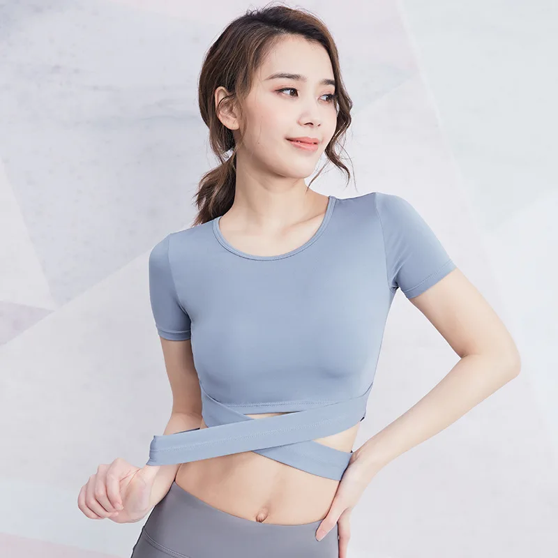 

Sports Top Women's Yoga Clothes Cross Navel Waist Slimming Gym Short Sleeve Thin Slimming Running Clothes Women Shirts