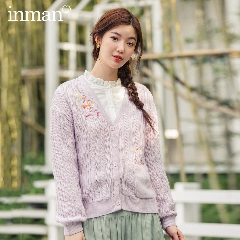INMAN Spring Autumn Literary Art Sweet Style V Neck Embroidery Loose Women Girl Cardigan Sweater |