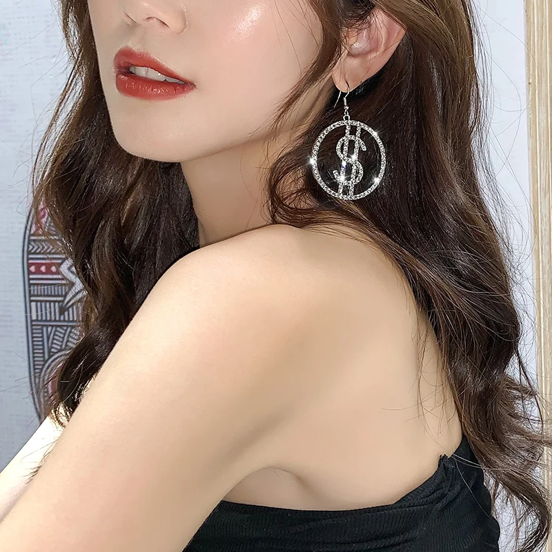 Уникальный дизайн доллар США Деньги $ падение кристалл серьги для женщин круглые