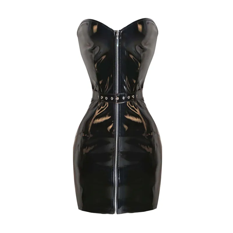 

Sexy Shiny Black PVC Wet Look Off Shoulder Bodycon Dress Plus Size Hot PVC Latex Dress With Front Zipper Strapless Dress