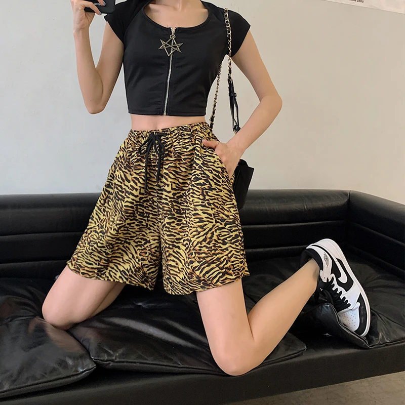 

MissLymi XL-5XL Plus Size Women Leopard Shorts Summer 2021 Casual Loose Elastic High Waist Wide Leg Pants