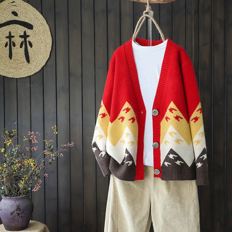 

Spring Fall Print Knitted Coat Women Korean Single Breasted Long Sleeve Sweater Cardigan Loose Color Matching Jacquard Knit Tops